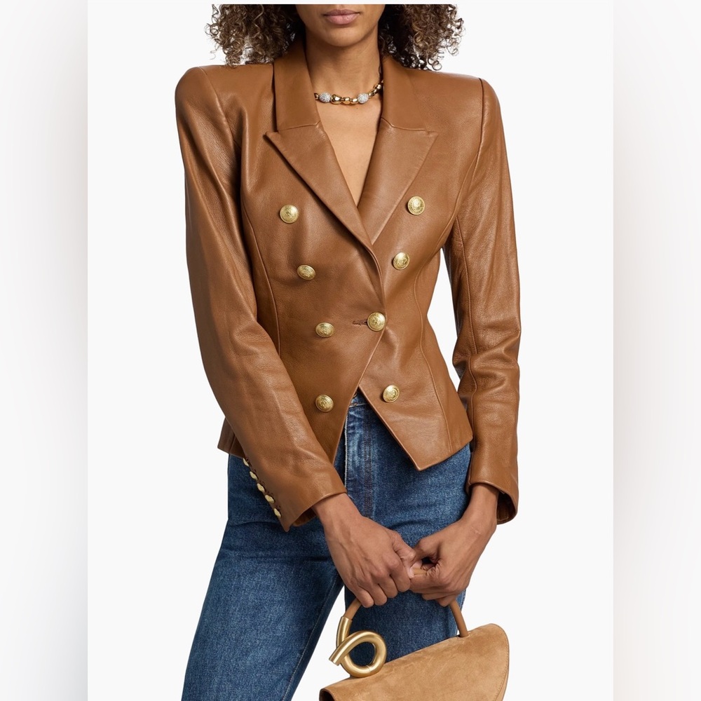 L'AGENCE Double-Breasted Tan Leather Blazer with Gold Buttons